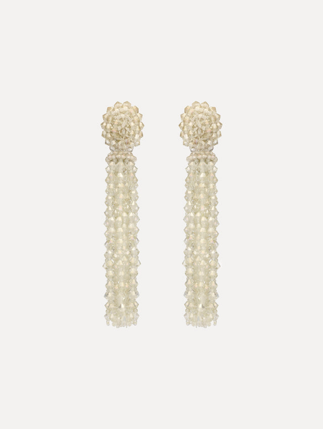 Ivory Tassel Clip-On Earrings with clustered stud top and long strand drops.