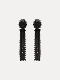 Black Tassel Clip-On Earrings featuring clustered studs and long strand fringe drops.
