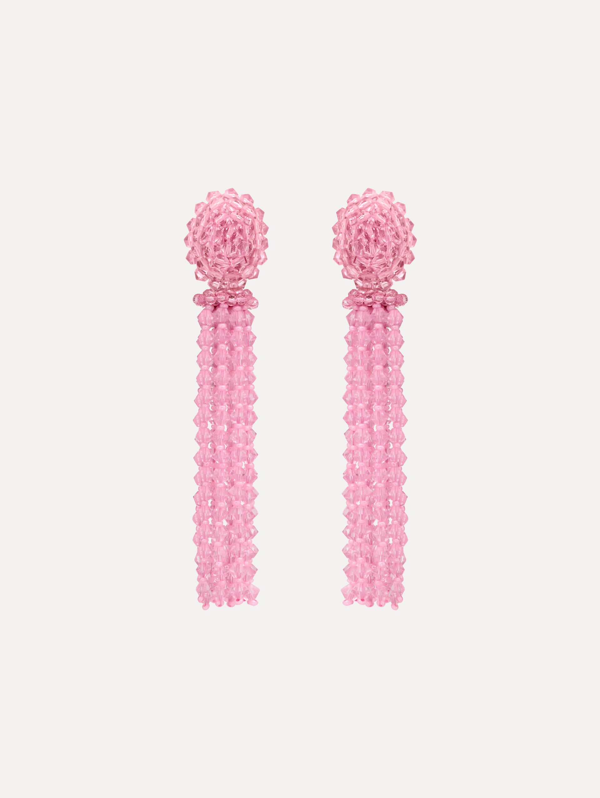 Pink Tassel Clip-On Earrings with clustered stud top and long strand drops.