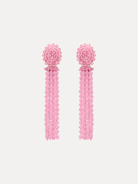 Pink Tassel Clip-On Earrings with clustered stud top and long strand drops.