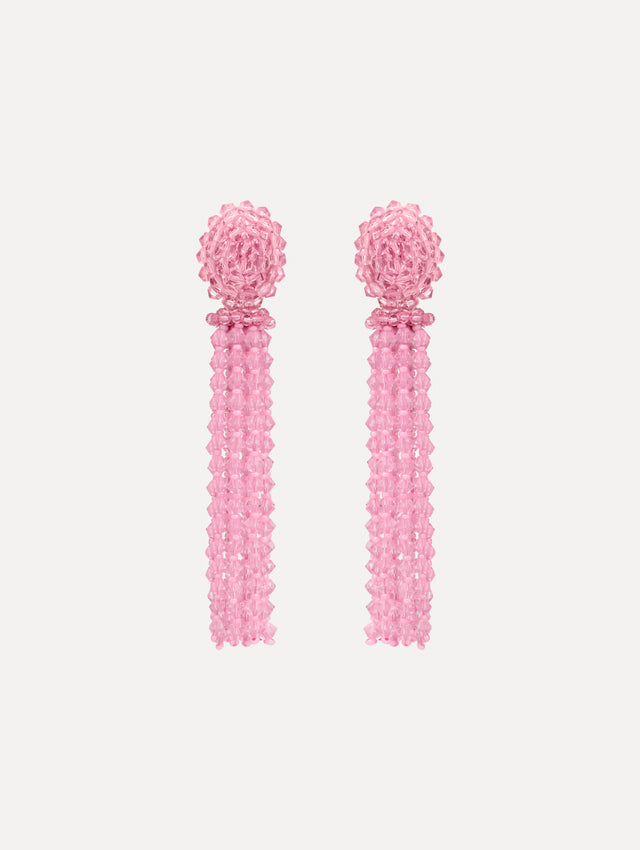 Pink Tassel Clip-On Earrings with clustered stud top and long strand drops.