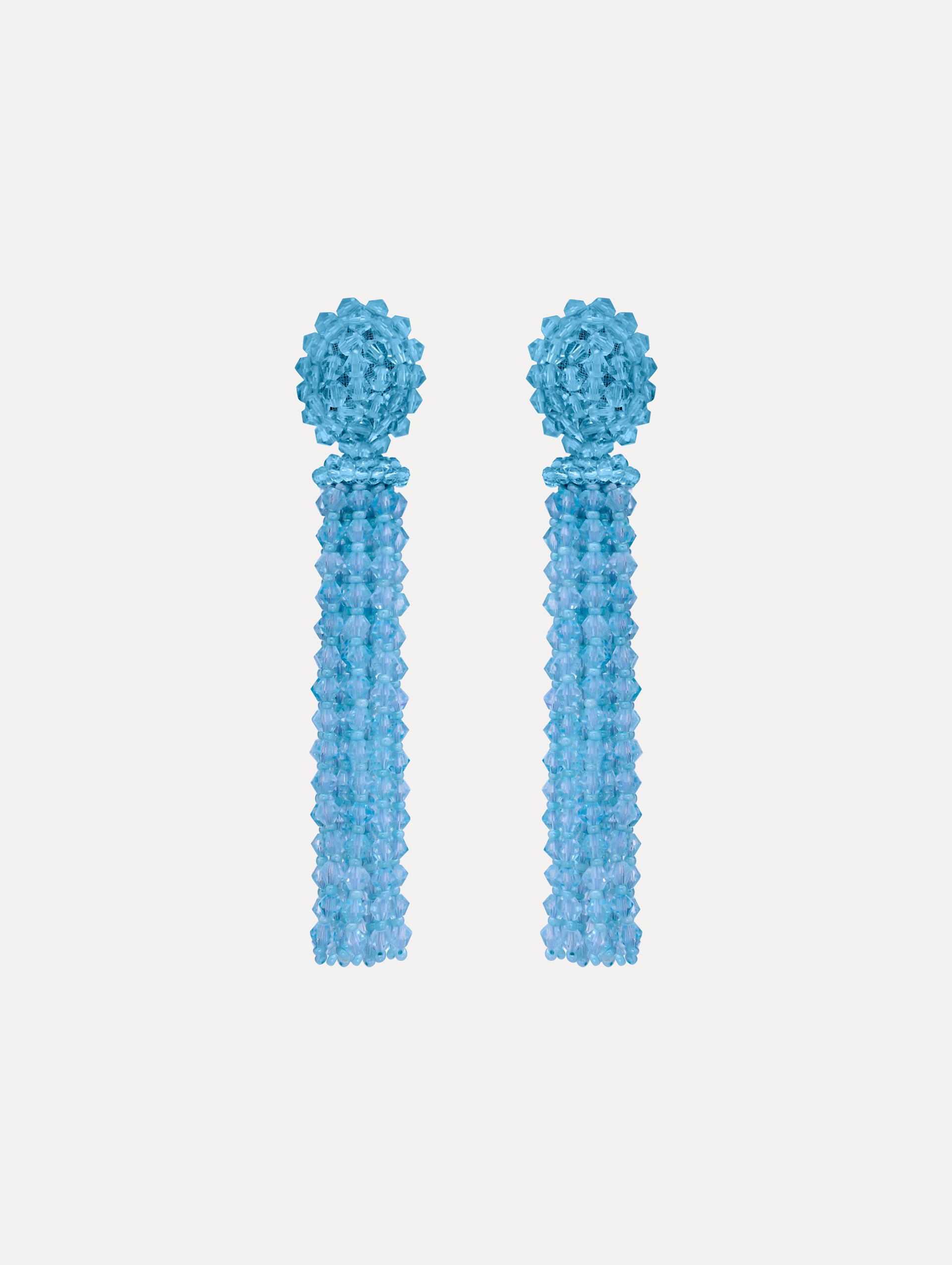 Blue Tassel Clip-On Earrings featuring clustered studs and long strand fringe drops.