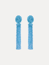 Blue Tassel Clip-On Earrings featuring clustered studs and long strand fringe drops.