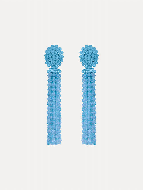 Blue Tassel Clip-On Earrings featuring clustered studs and long strand fringe drops.