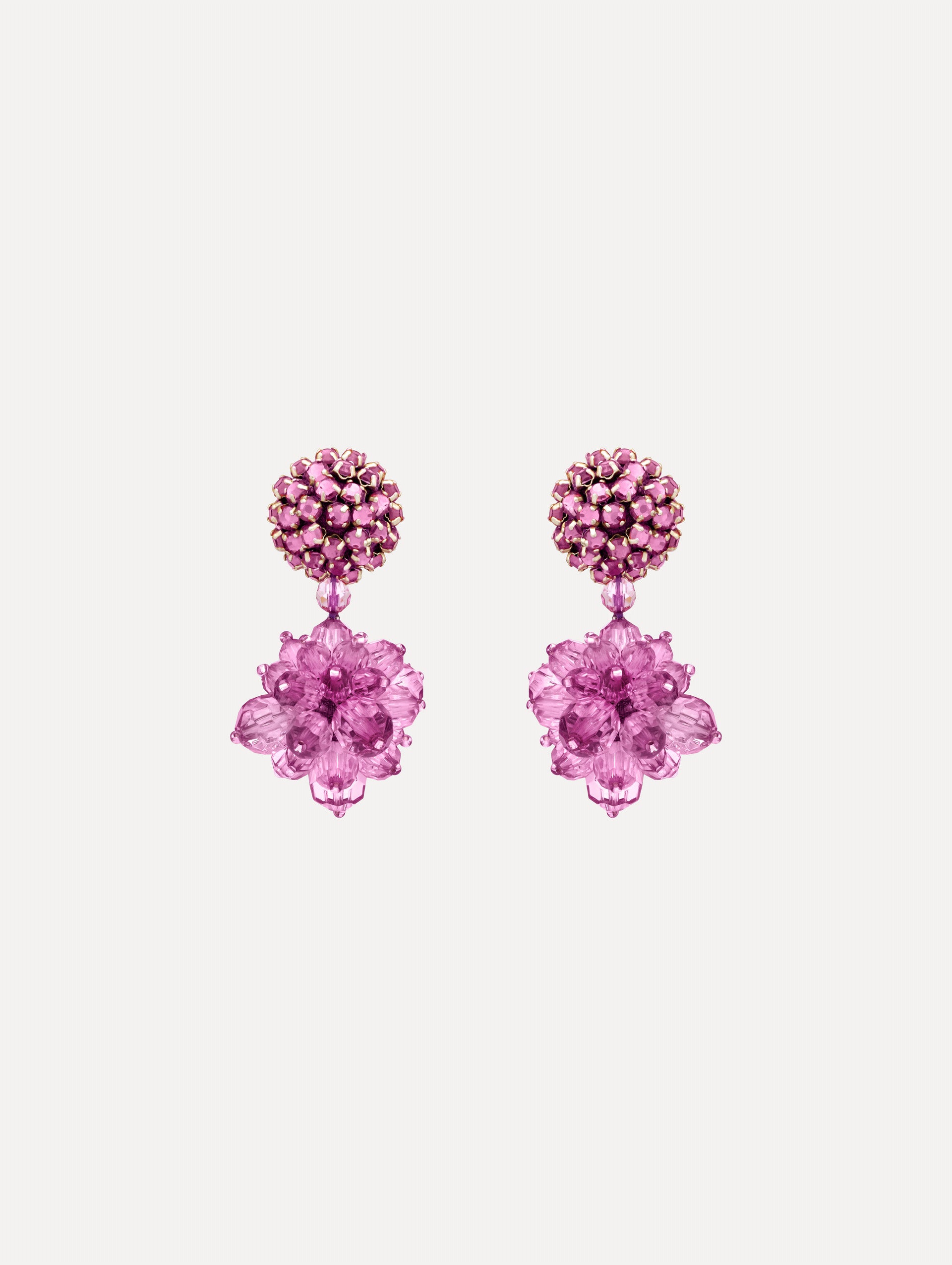 Pink Beaded Pompom Clip-On Earrings with crystal studs and floral pompom drops.
