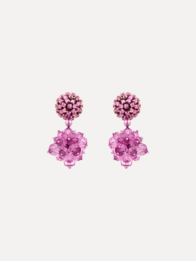 Pink Beaded Pompom Clip-On Earrings with crystal studs and floral pompom drops.