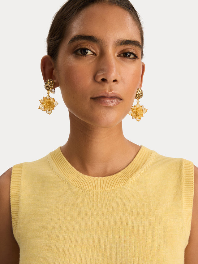 Yellow Beaded Pompom Clip-On Earrings featuring clustered beaded studs with yellow crystal petals forming a flower. Front View.
