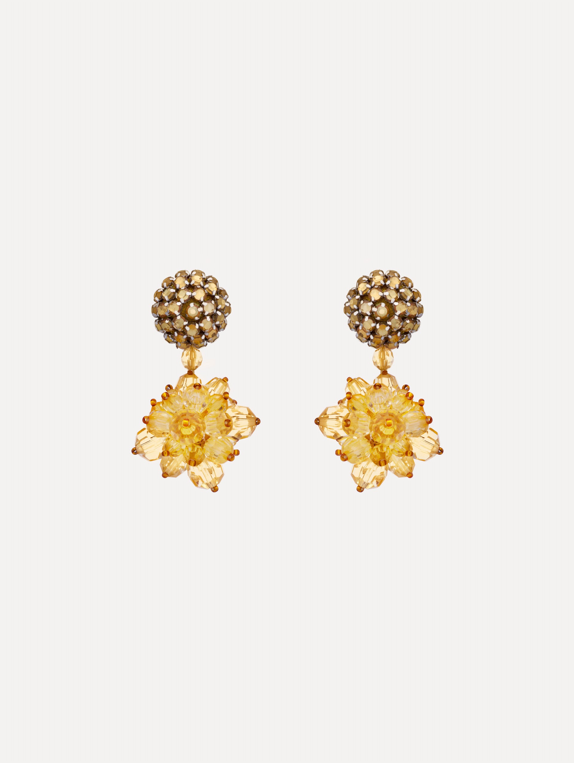 Yellow Beaded Pompom Clip-On Earrings featuring clustered beaded studs with yellow crystal petals forming a flower.