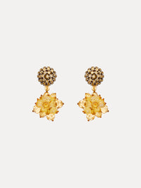 Yellow Beaded Pompom Clip-On Earrings featuring clustered beaded studs with yellow crystal petals forming a flower.