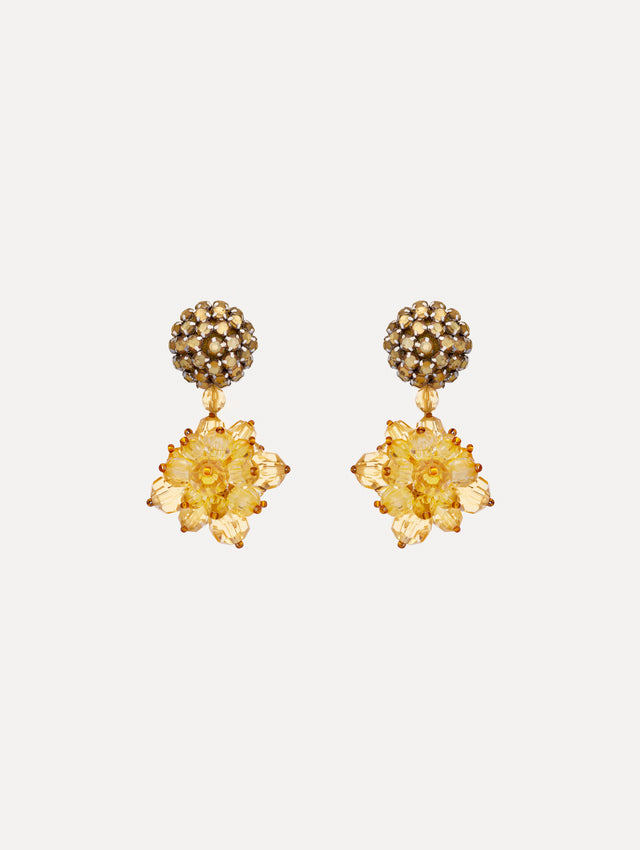 Yellow Beaded Pompom Clip-On Earrings featuring clustered beaded studs with yellow crystal petals forming a flower.
