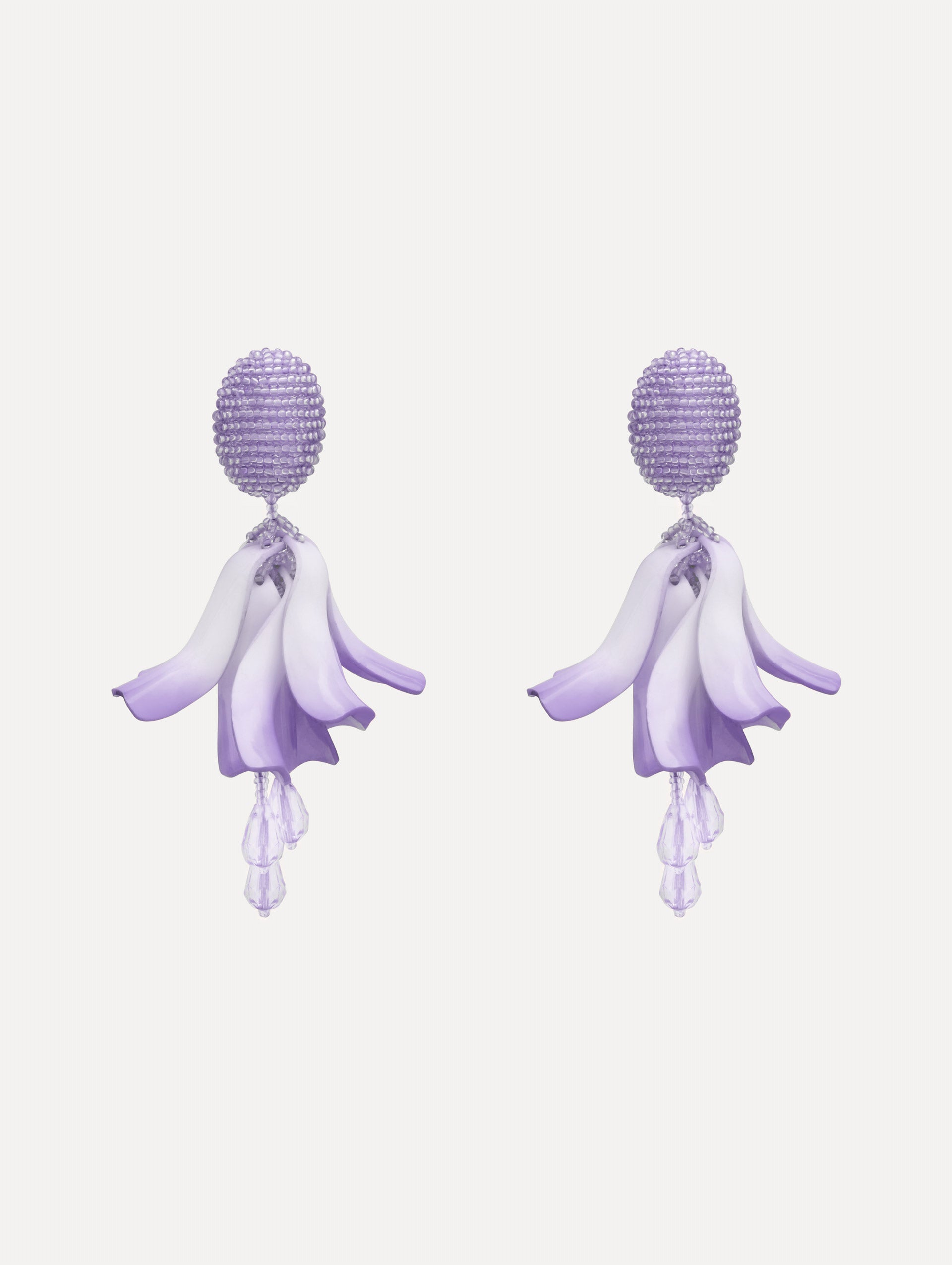 lilac Impatiens Clip-On Earrings with circular beaded studs and sculpted petal drops.