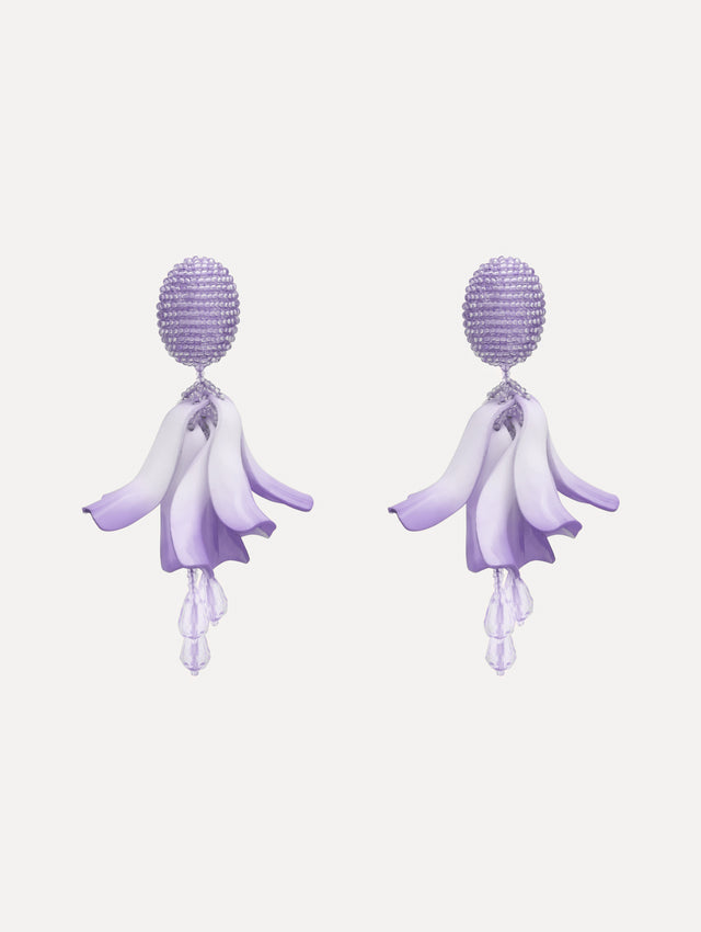 lilac Impatiens Clip-On Earrings with circular beaded studs and sculpted petal drops.