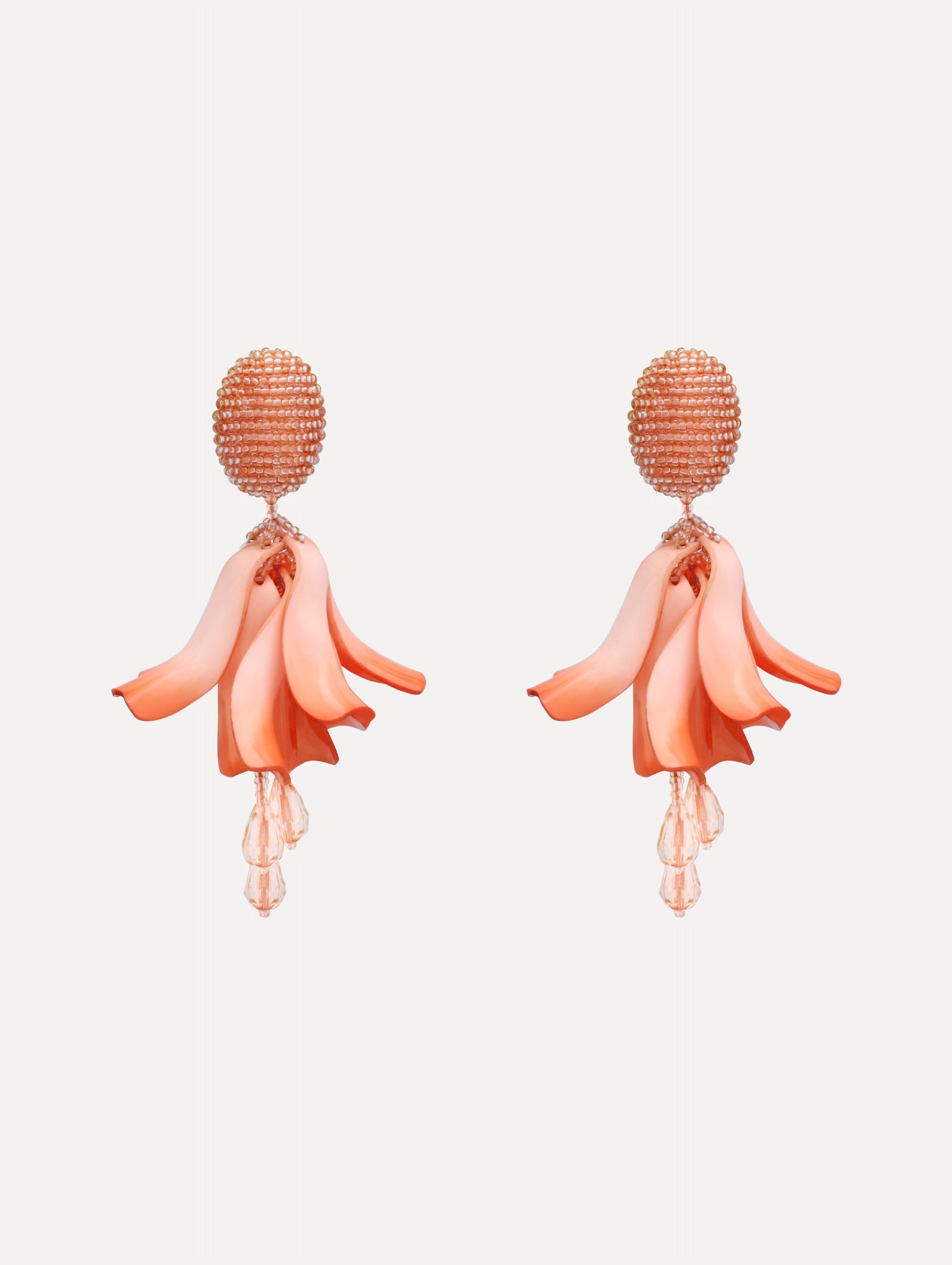 Coral Impatiens Clip-On Earrings with circular beaded studs and sculpted petal drops.