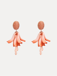 Coral Impatiens Clip-On Earrings with circular beaded studs and sculpted petal drops.