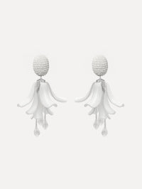 White Impatiens Clip-On Earrings with circular beaded studs and sculpted petal drops.
