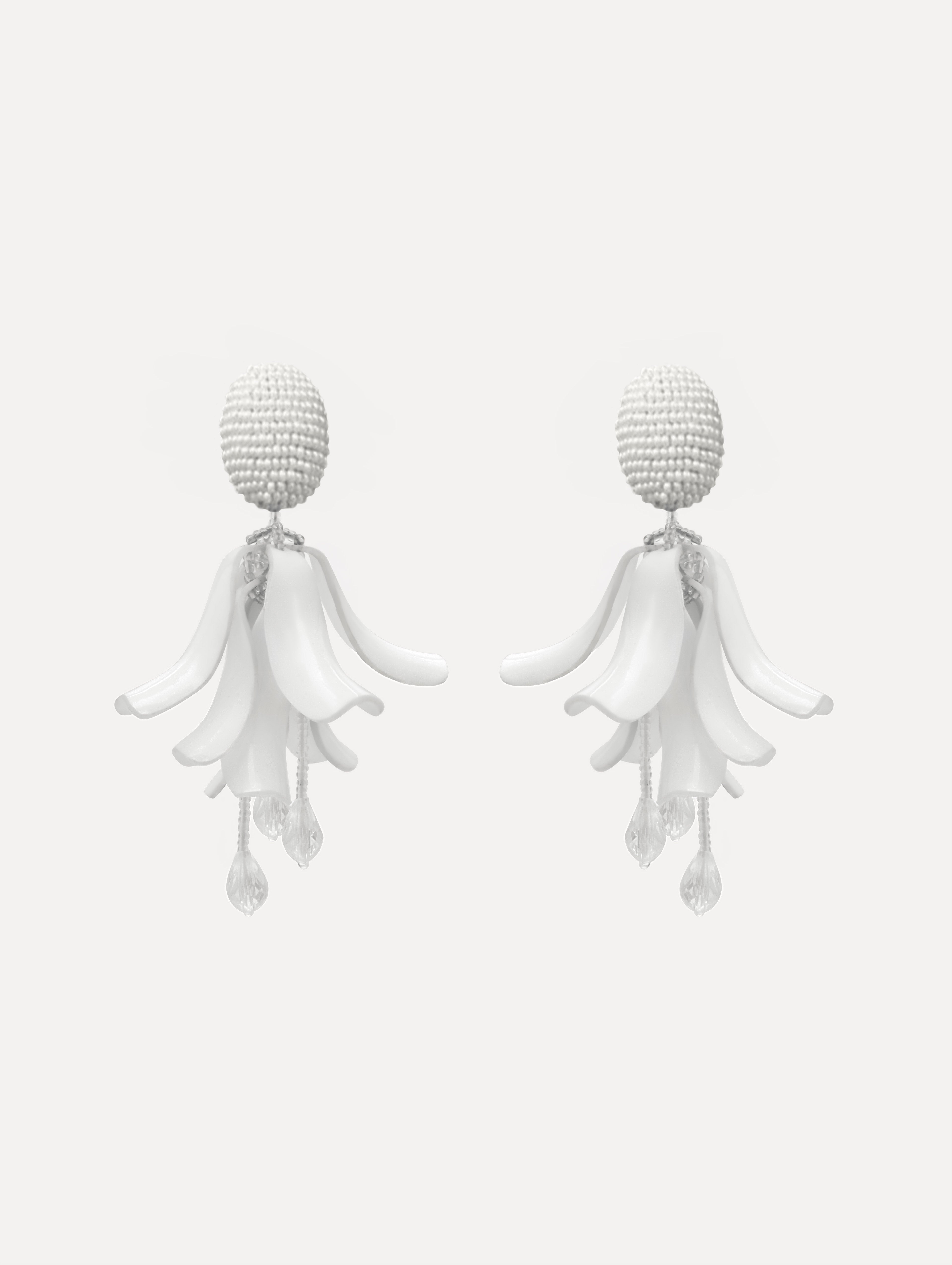 White Impatiens Clip-On Earrings with circular beaded studs and sculpted petal drops.