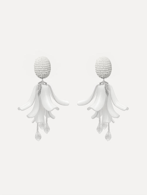 White Impatiens Clip-On Earrings with circular beaded studs and sculpted petal drops.