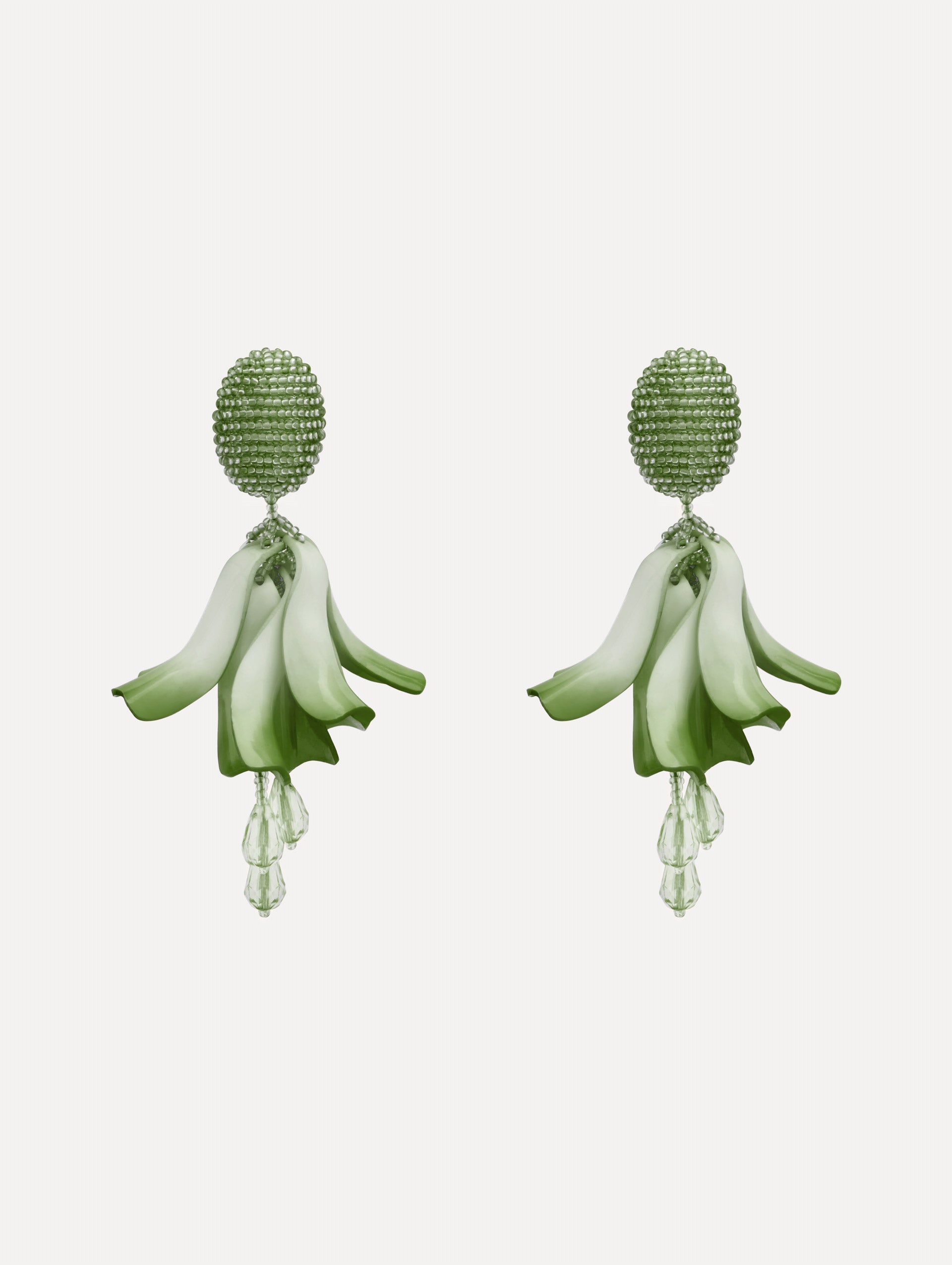 Green Impatiens Clip-On Earrings with petal-like forms suspended from a textured beaded stud, finished with dangling crystal teardrops.