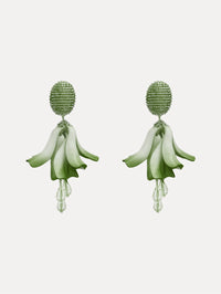 Green Impatiens Clip-On Earrings with petal-like forms suspended from a textured beaded stud, finished with dangling crystal teardrops.