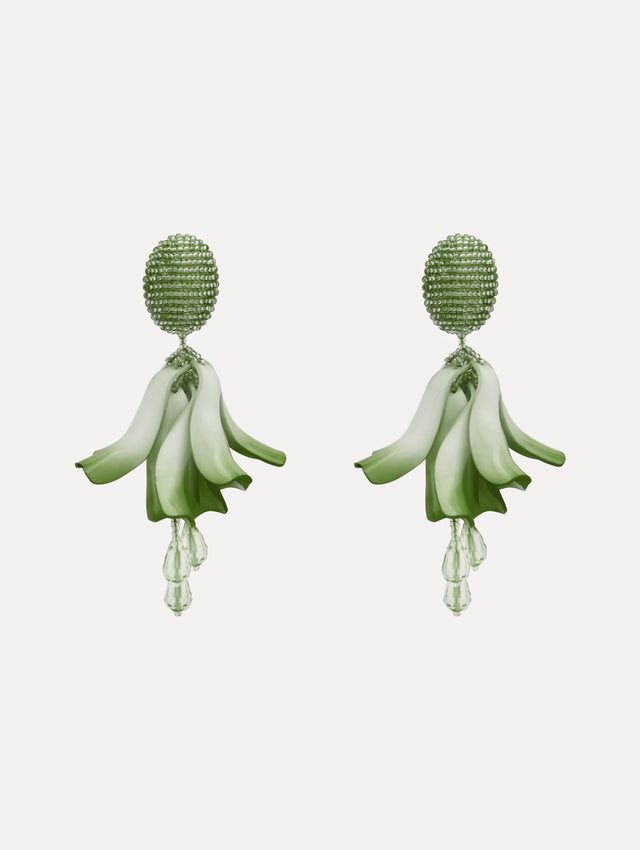 Green Impatiens Clip-On Earrings with petal-like forms suspended from a textured beaded stud, finished with dangling crystal teardrops.