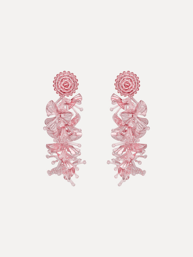 Pink Sequin Tassel Clip-On Earrings featuring layered translucent petals cascading from a round woven stud.