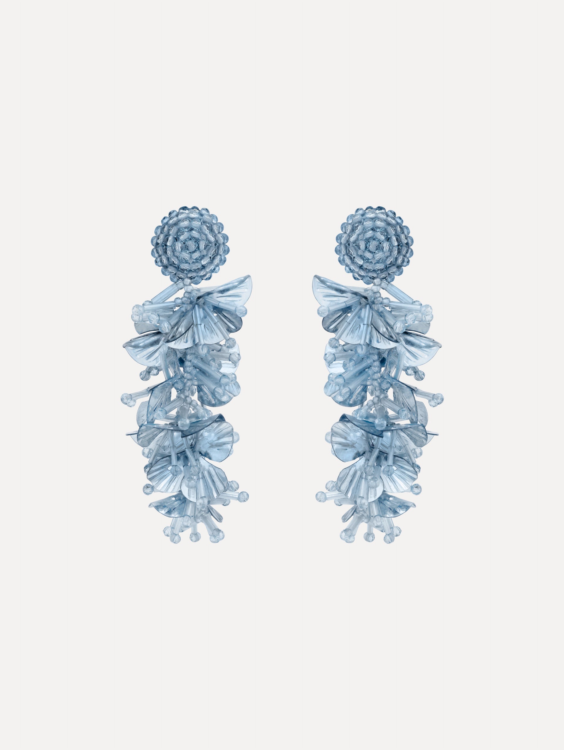 Blue Sequin Tassel Clip-On Earrings featuring layered translucent petals cascading from a round woven stud.
