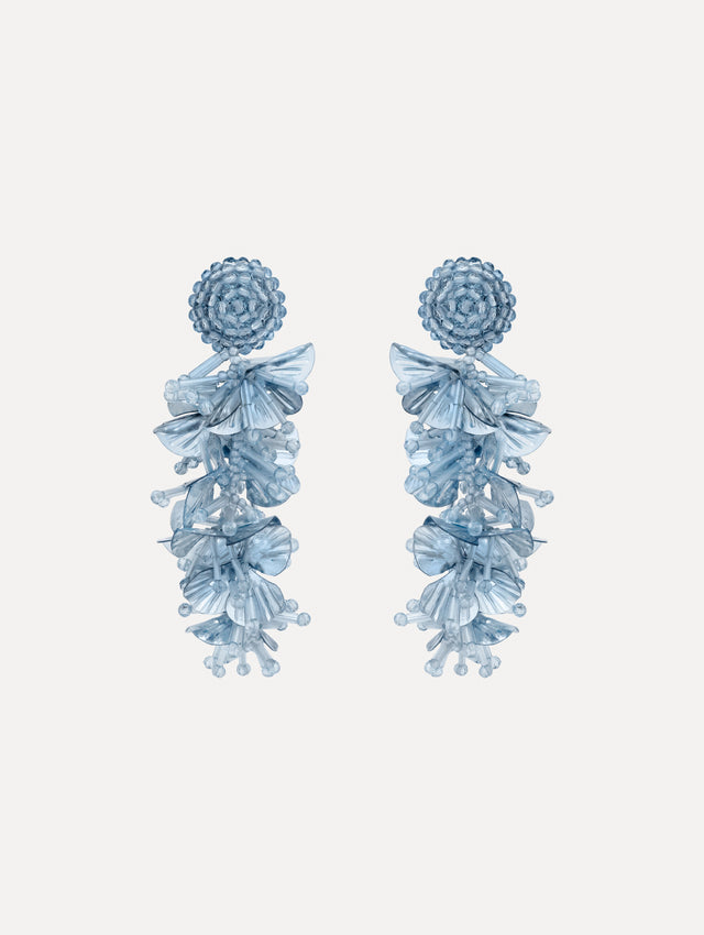Blue Sequin Tassel Clip-On Earrings featuring layered translucent petals cascading from a round woven stud.
