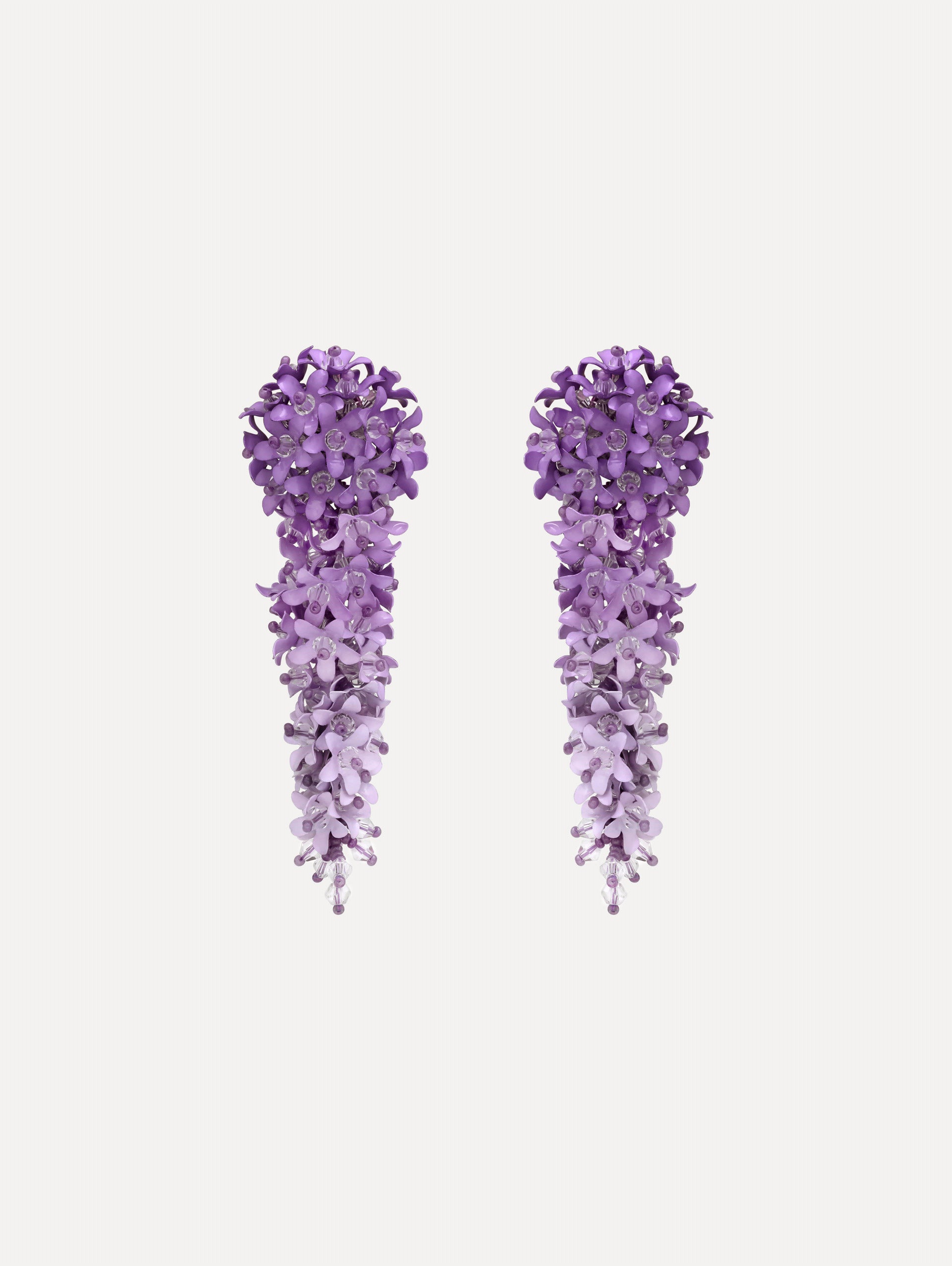 Purple Cascading Flower Clip-On Earrings with an ombré effect from deep violet to soft lavender, finished with delicate crystal accents.