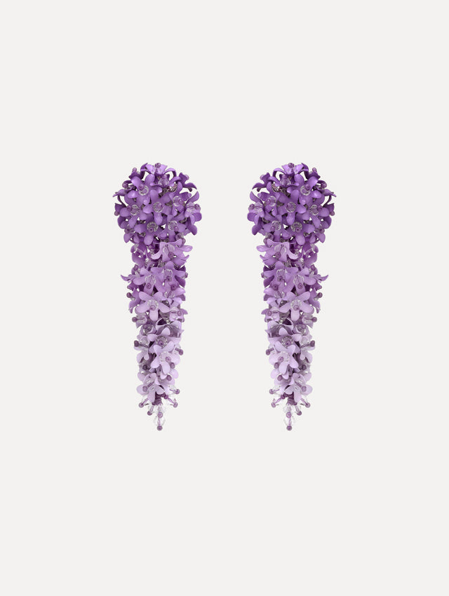 Purple Cascading Flower Clip-On Earrings with an ombré effect from deep violet to soft lavender, finished with delicate crystal accents.