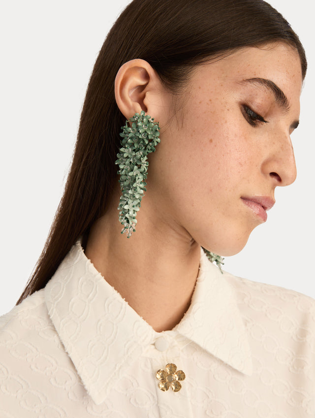 Emerald green Cascading Flower Clip-On Earrings with ombre layered petals. Front View.
