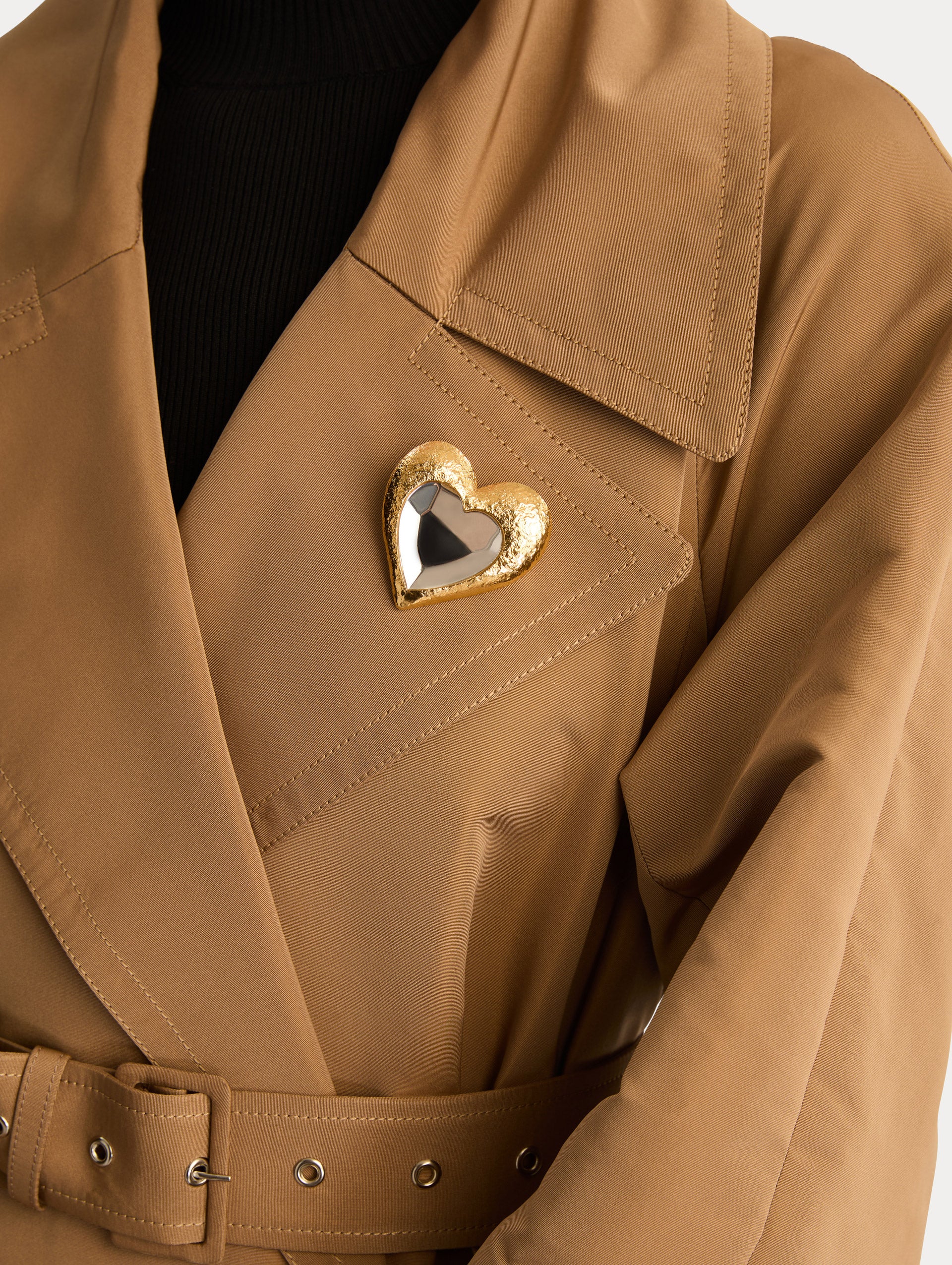 Gold Hammered Heart Brooch with a textured finish and a mirrored silver heart center. Front View.