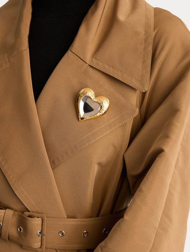 Gold Hammered Heart Brooch with a textured finish and a mirrored silver heart center. Front View.