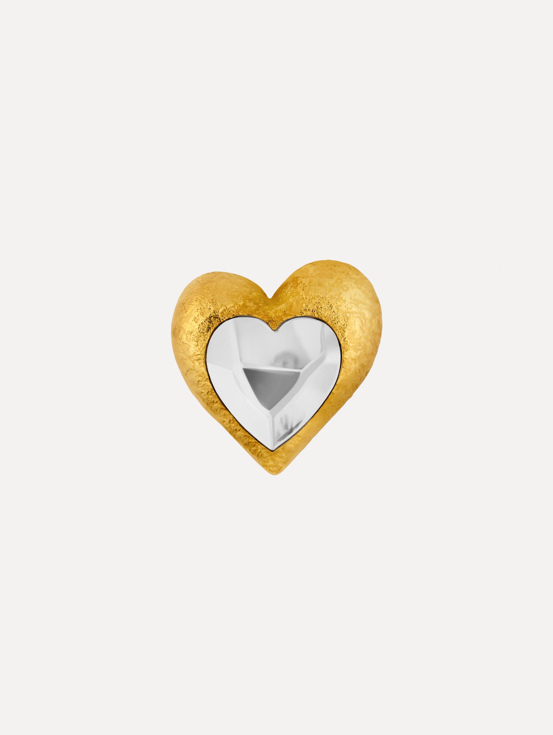 Gold Hammered Heart Brooch with a textured finish and a mirrored silver heart center.