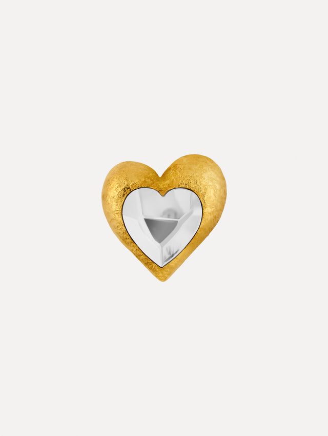 Gold Hammered Heart Brooch with a textured finish and a mirrored silver heart center.