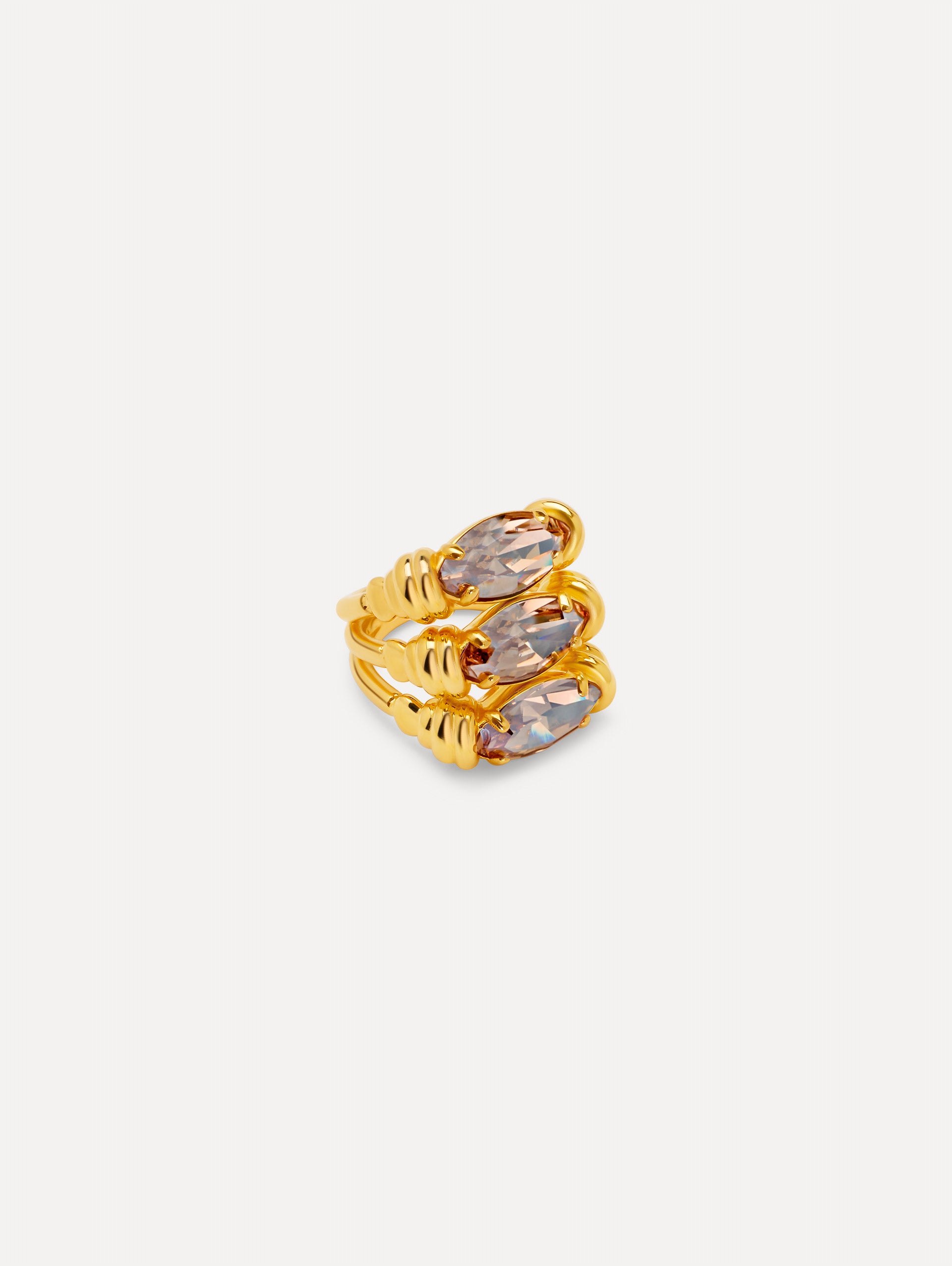 Gold Triple Navette Ring featuring three stacked marquise-cut champagne crystals set in parallel. Side View.