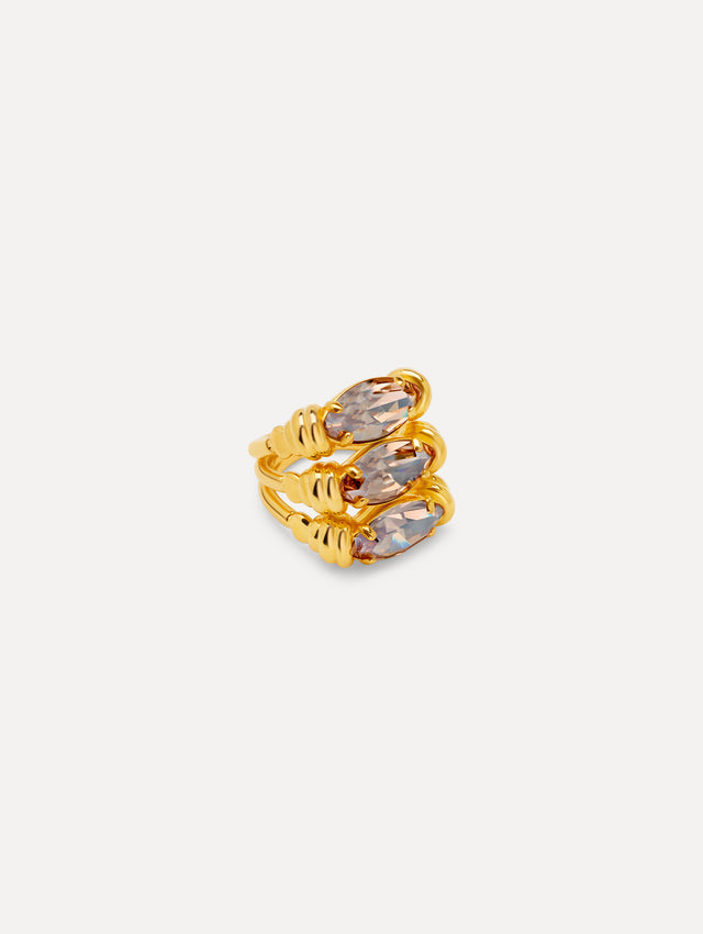 Gold Triple Navette Ring featuring three stacked marquise-cut champagne crystals set in parallel. Side View.