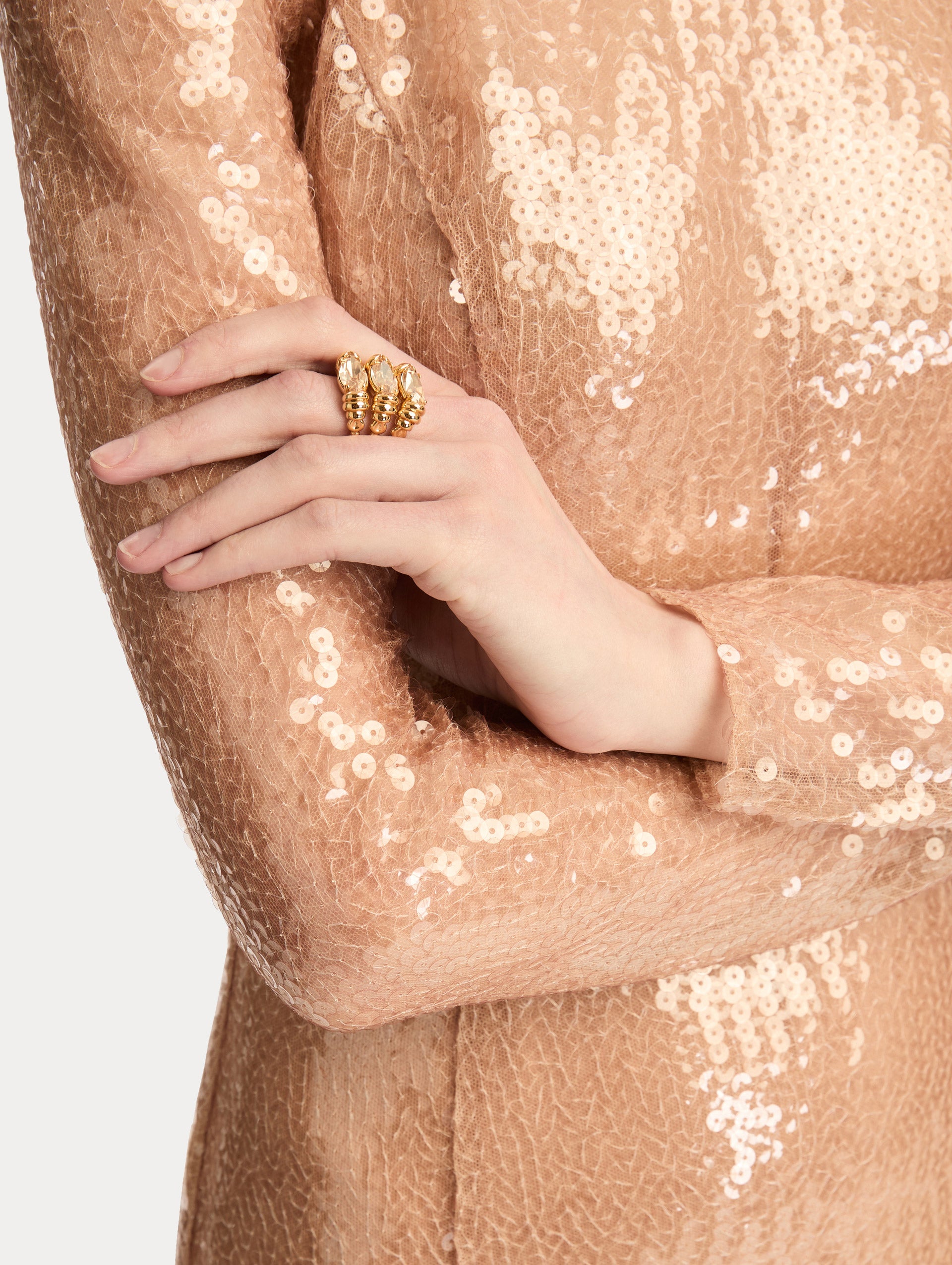 Gold Triple Navette Ring featuring three stacked marquise-cut champagne crystals set in parallel. Side View.