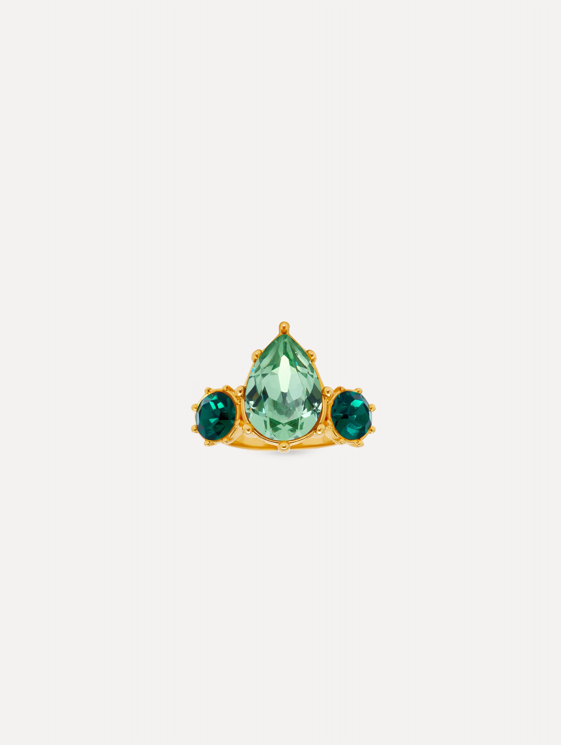 Gold Faceted Crystal Ring featuring a central pear-shaped green gemstone flanked by two round emerald-green stones.