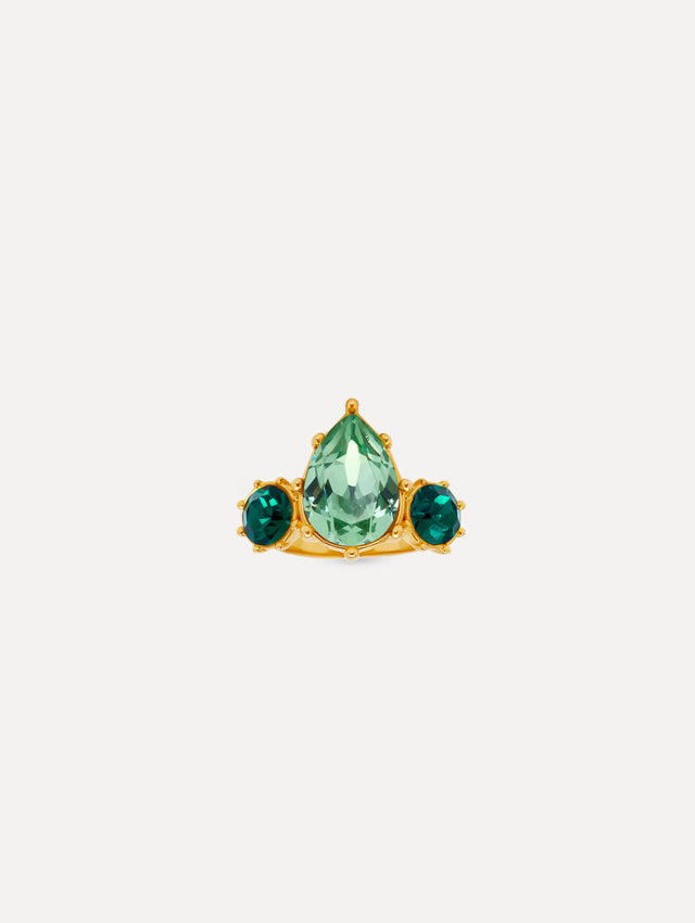 Gold Faceted Crystal Ring featuring a central pear-shaped green gemstone flanked by two round emerald-green stones.