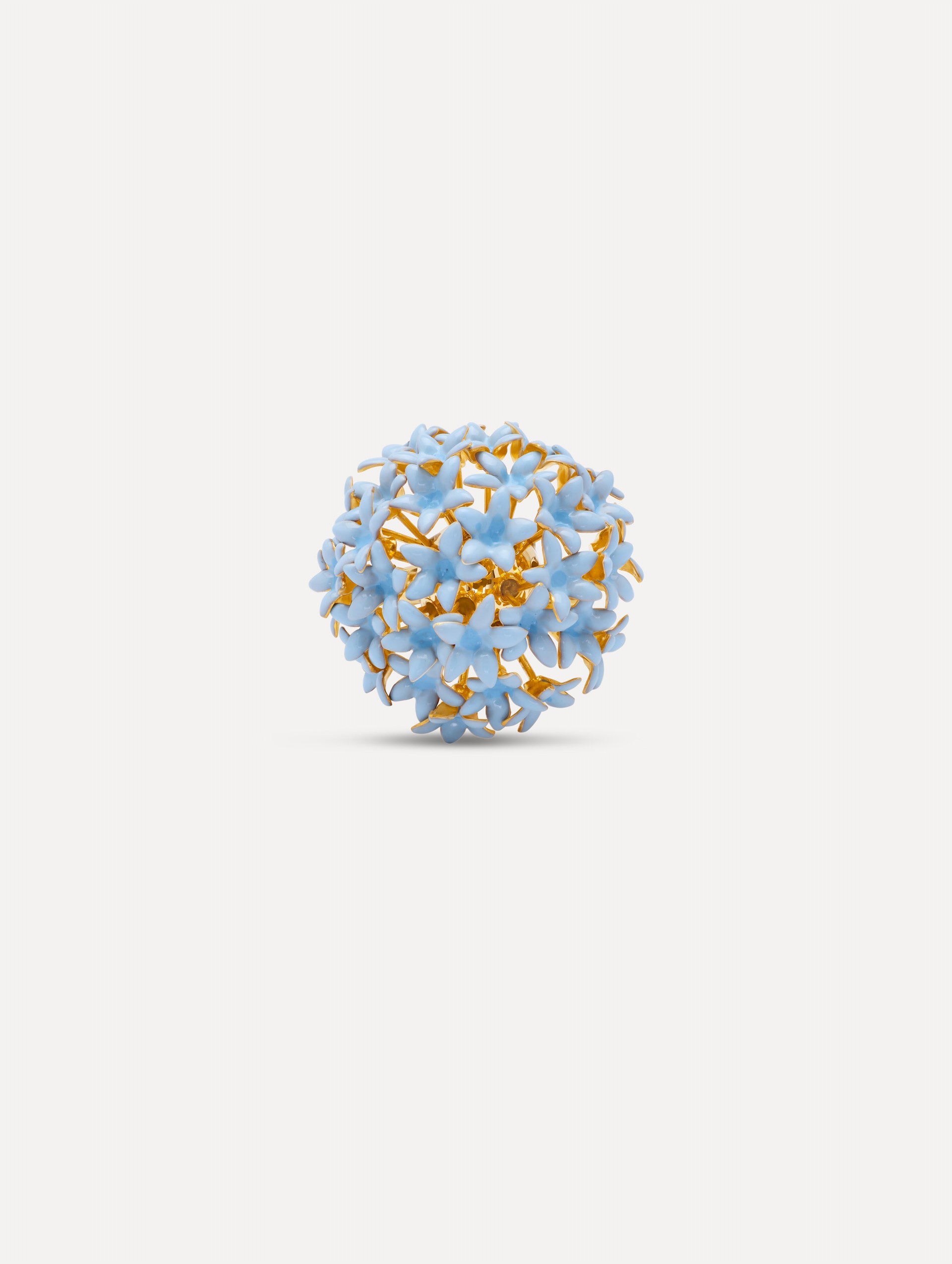 Gold Foxglove Pompom Ring with a clustered dome of light blue enamel flowers. Front View.