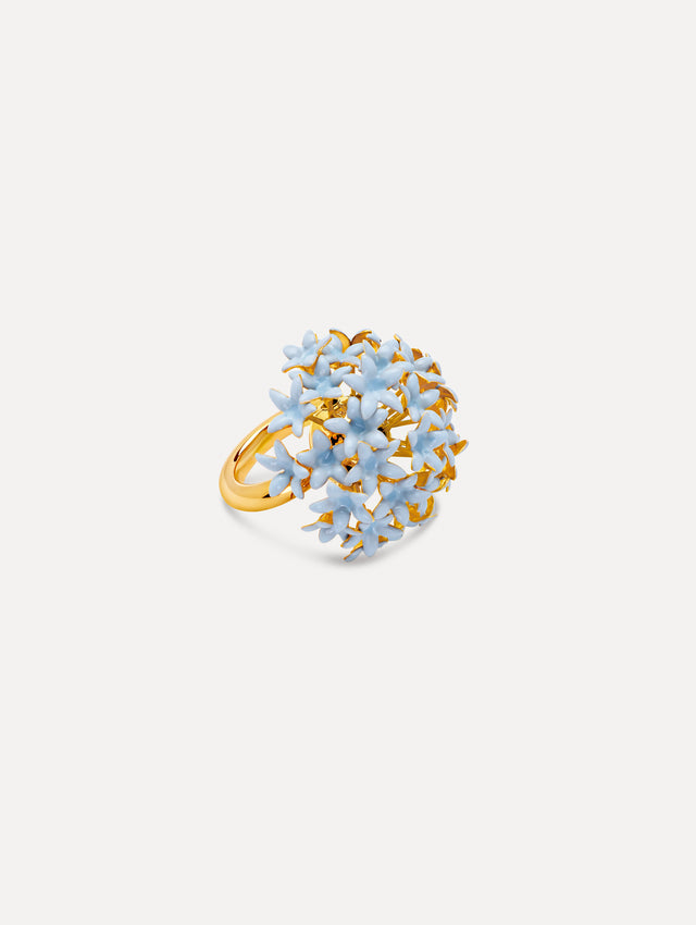 Gold Foxglove Pompom Ring with a clustered dome of light blue enamel flowers. Side View.