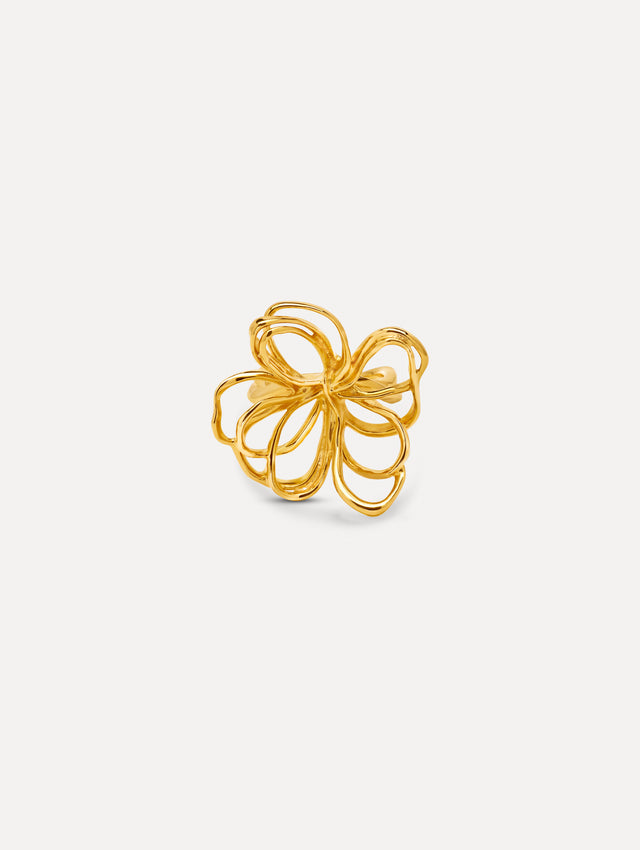 Gold Threaded Flower Ring featuring an openwork abstract bow design with fluid loops. Front View.