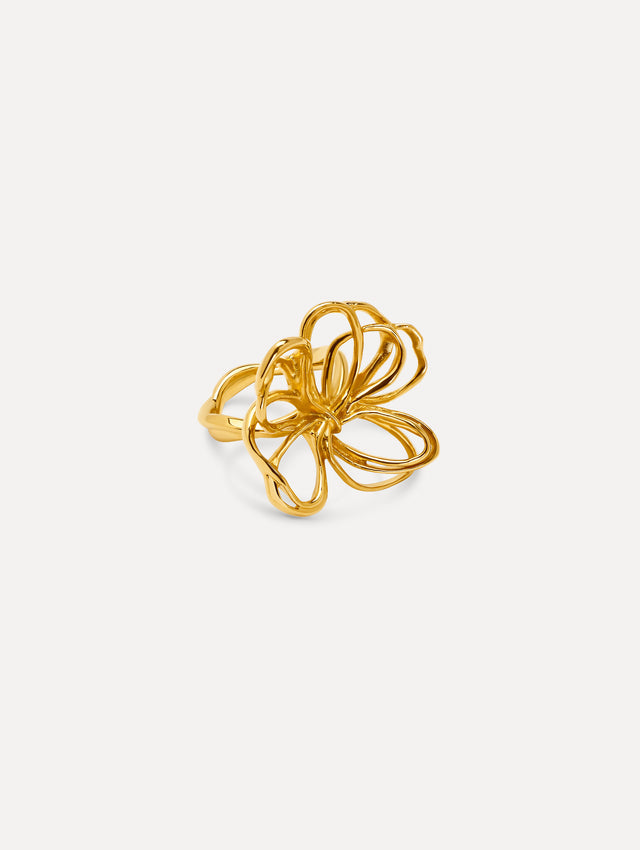 Gold Threaded Flower Ring featuring an openwork abstract bow design with fluid loops. Side View.