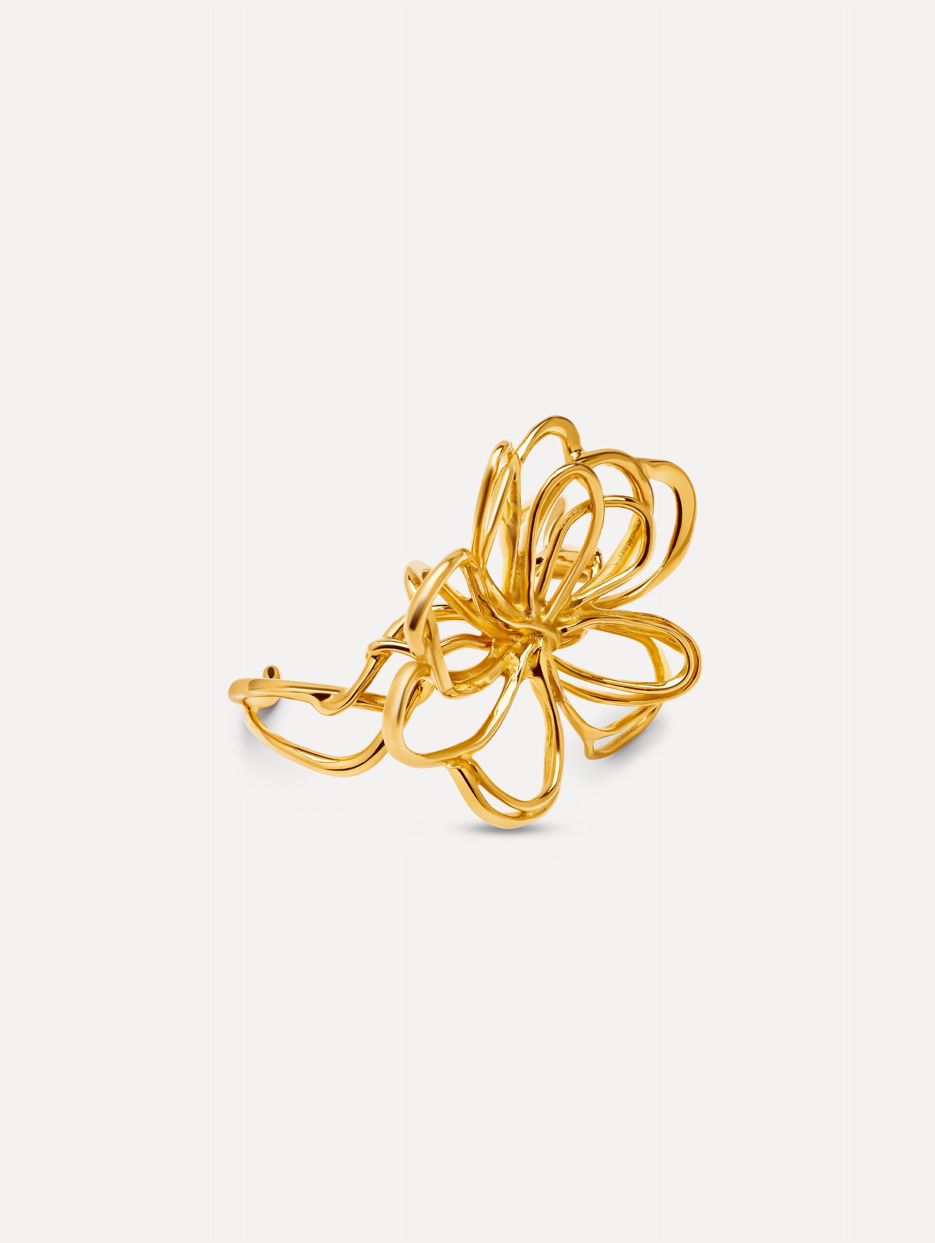 Gold Threaded Flower Bracelet Cuff featuring an openwork abstract bow design with looping curves. Side View.