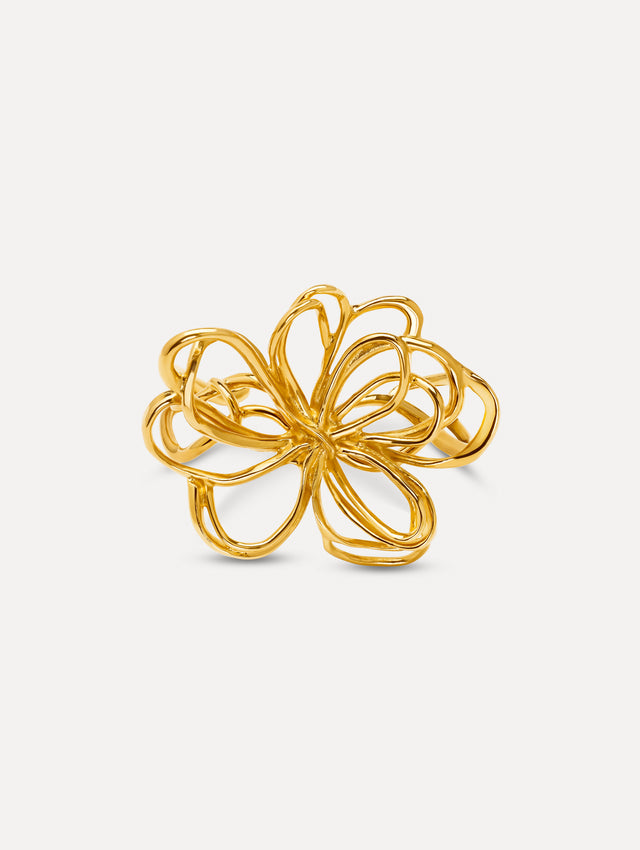 Gold Threaded Flower Bracelet Cuff featuring an openwork abstract bow design with looping curves. Front View.