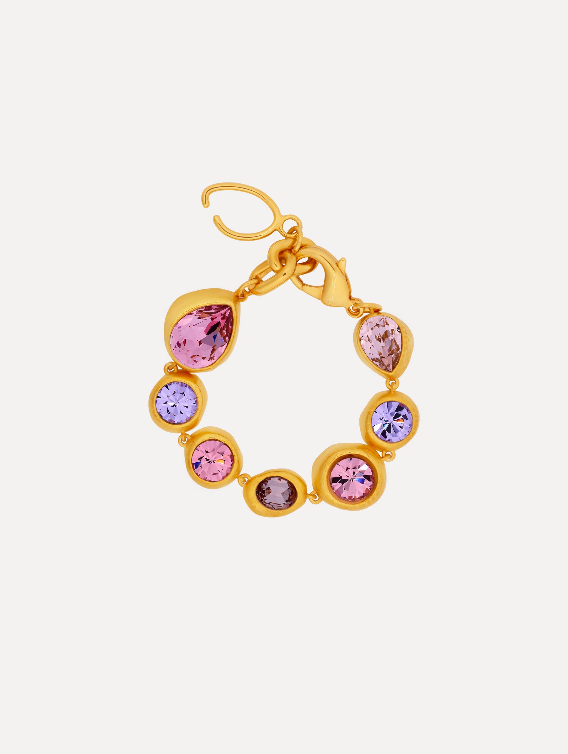 Gold Hammered Chain-Link Bracelet featuring bezel-set pink and lilac crystals in varied cuts.