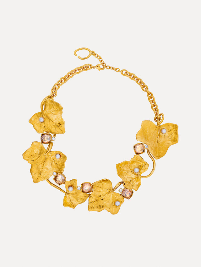 Gold Ivy Vine Necklace accented with pearls and faceted crystals on a mixed chain and vine-like structure.