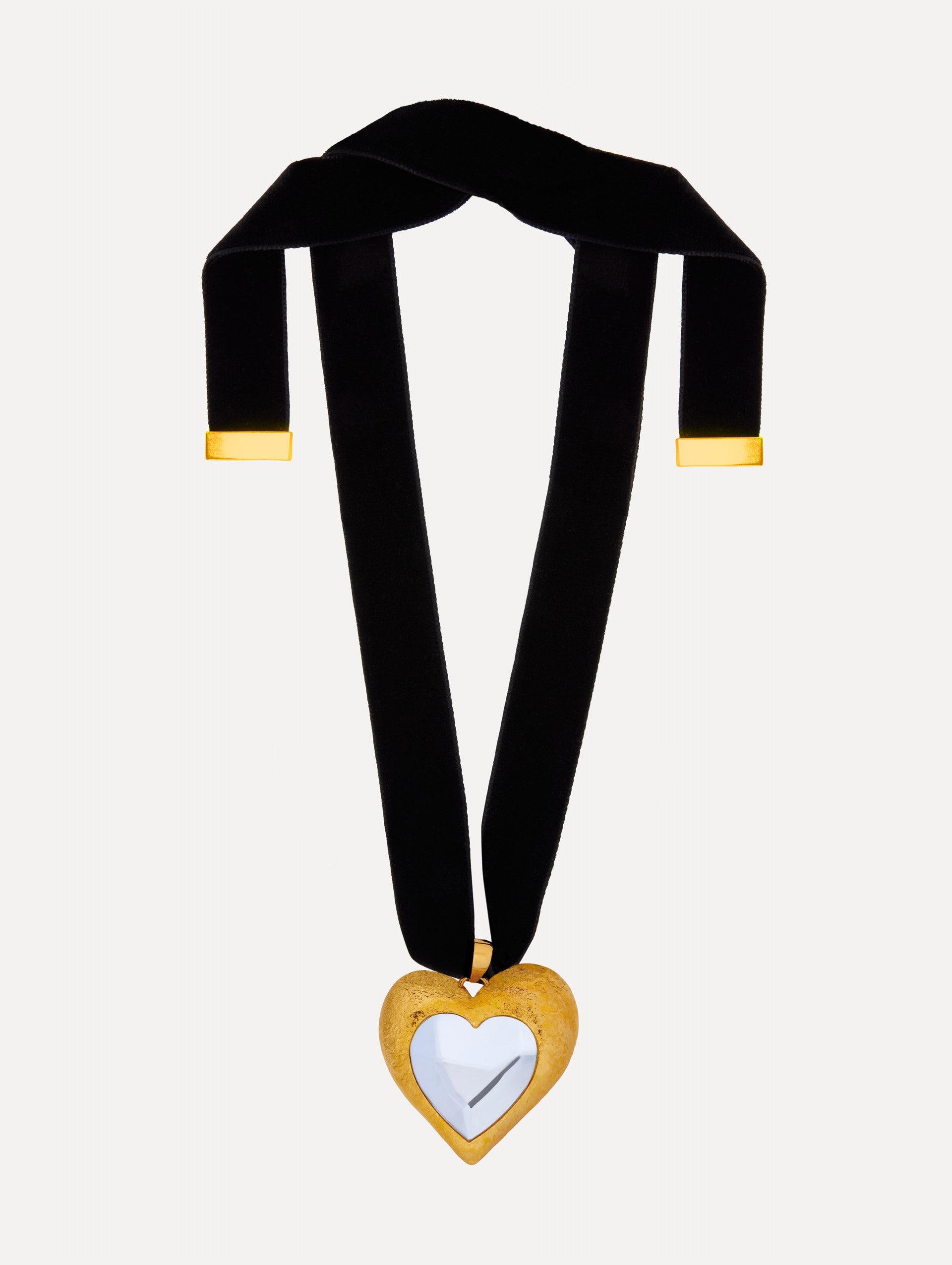 Black and gold Hammered Heart Velvet Necklace with velvet ribbon tie and gold and crystal heart pendant. 