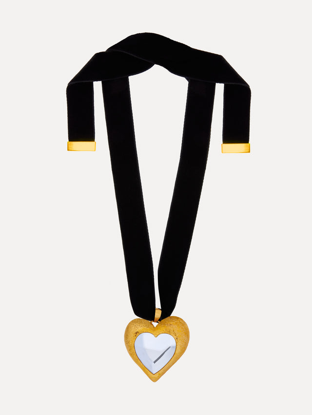 Black and gold Hammered Heart Velvet Necklace with velvet ribbon tie and gold and crystal heart pendant. 
