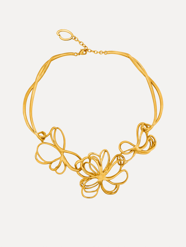 Gold Threaded Flower Necklace with three abstract flower designs at the center on a structured collar chain.